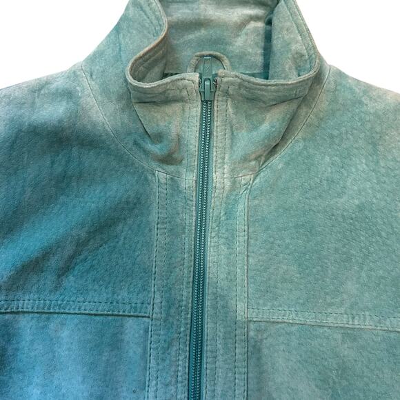 Vtg Yvonne Le Marie Teal Suede Genuine Leather Jacket Size 8 Zip up Lined - Picture 3 of 10